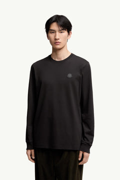Moncler Leather Logo Long Sleeve Cotton T-Shirt Black Black