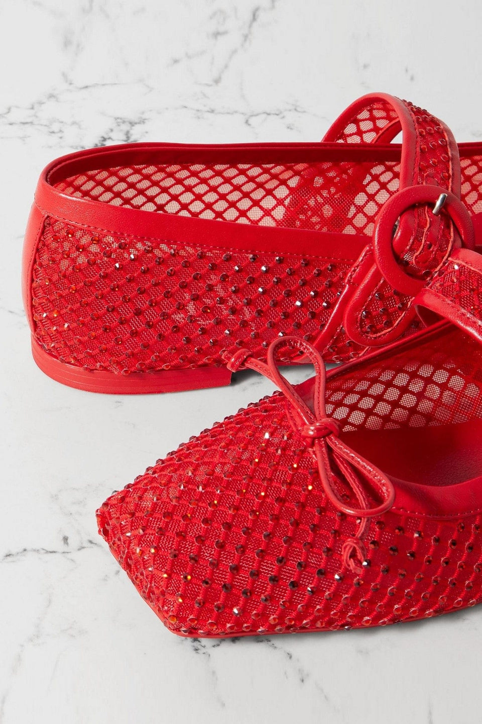 Christian Louboutin Mamastrapitina Crystal-Embellished Leather-Trimmed Mesh Mary Jane Flats Red Women's