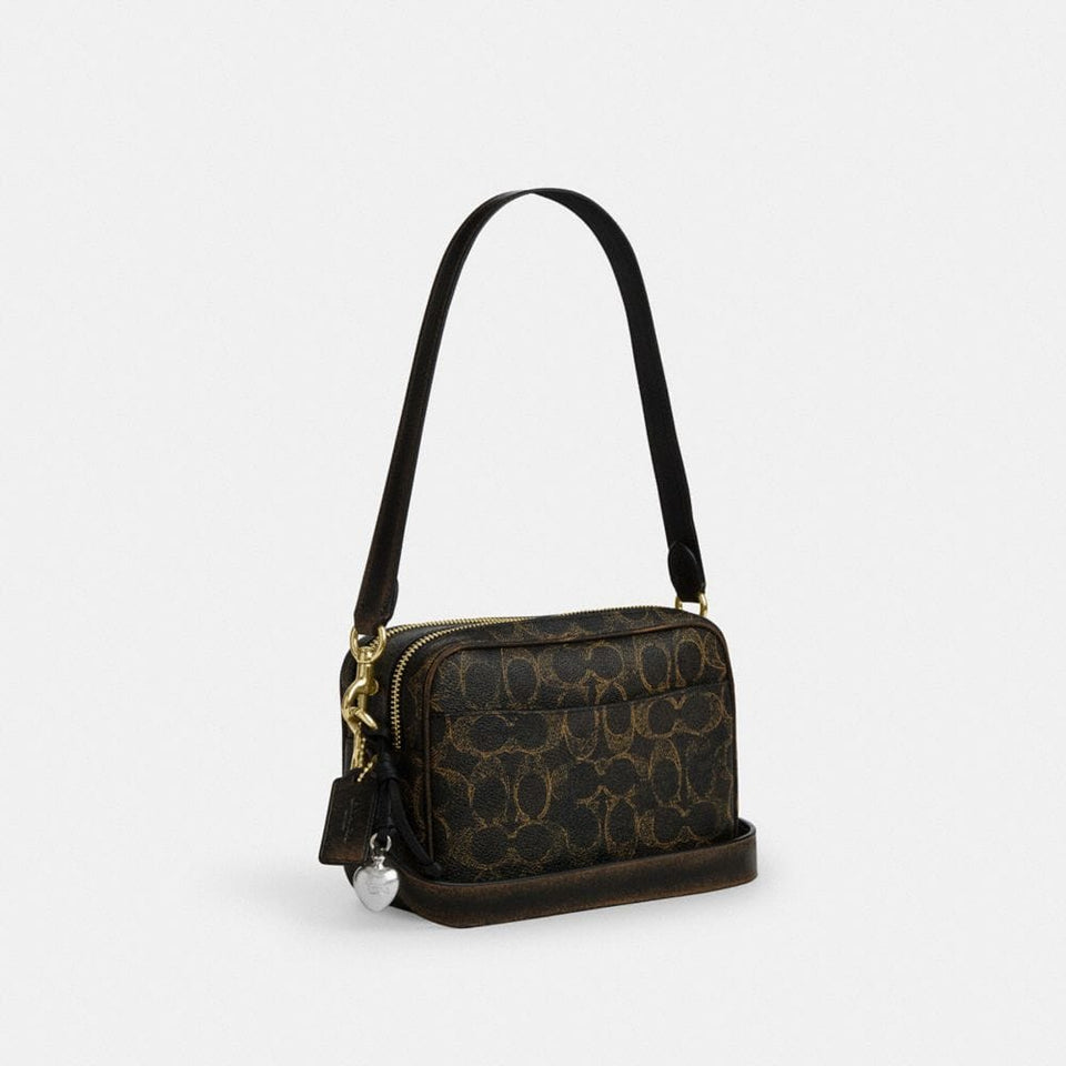 Coach Mini Carey Crossbody Bag In Loved Signature Canvas Gold Brown