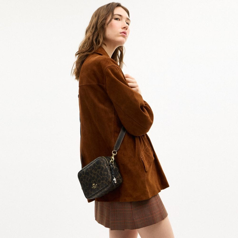 Coach Mini Carey Crossbody Bag In Loved Signature Canvas Gold Brown