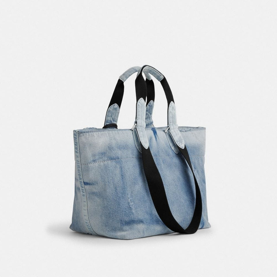 Coach Small Tour Tote Bag In Loved Denim With Charms Silver Light Indigo