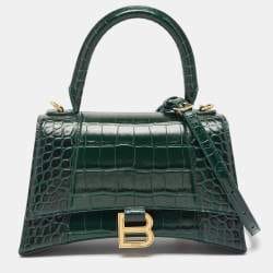 Balenciaga Green Croc Embossed Leather Small Hourglass Top Handle Bag