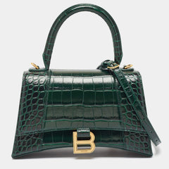 Balenciaga Green Croc Embossed Leather Small Hourglass Top Handle Bag