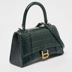 Balenciaga Green Croc Embossed Leather Small Hourglass Top Handle Bag