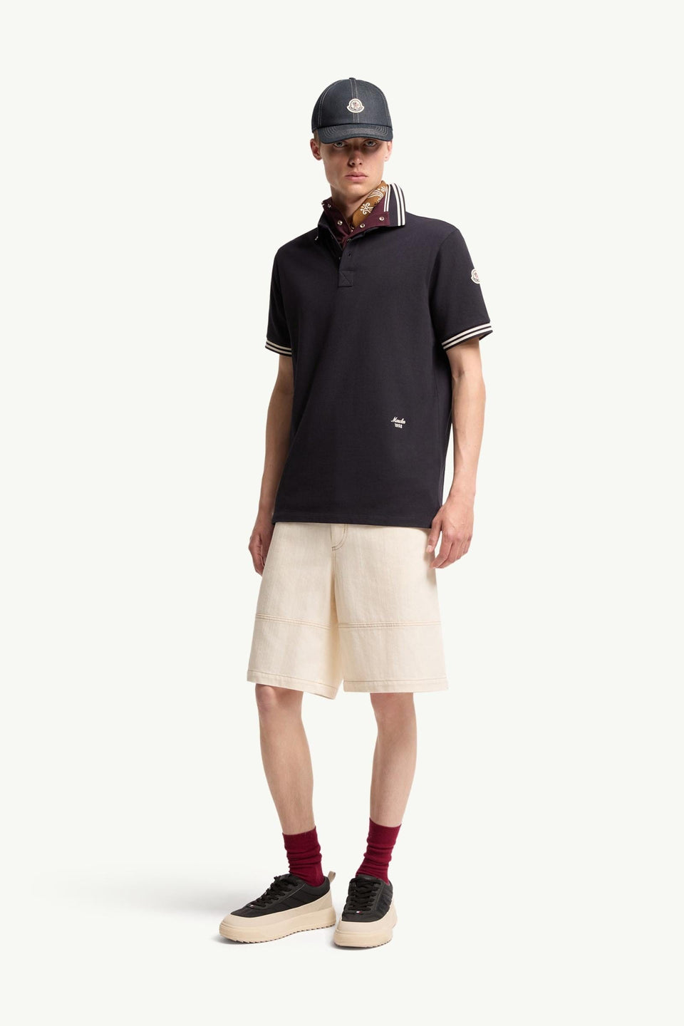 Moncler Striped Trim Cotton Piquet Polo Shirt Dark Blue Dark Blue