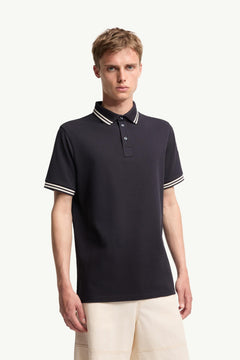 Moncler Striped Trim Cotton Piquet Polo Shirt Dark Blue Dark Blue