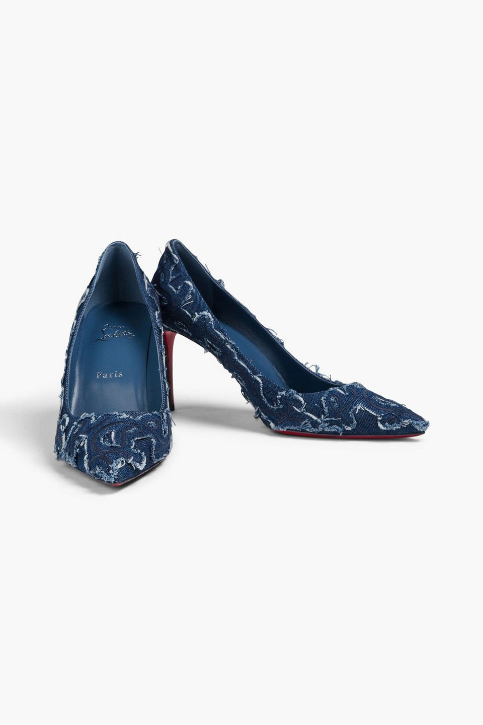 Christian Louboutin Kate 85 Embroidered Distressed Denim Pumps Mid Denim Women's