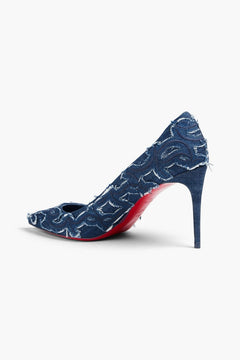 Christian Louboutin Kate 85 Embroidered Distressed Denim Pumps Mid Denim Women's
