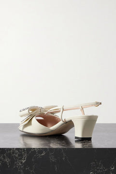 Valentino Garavani Bowow Embellished Leather Slingback Pumps Ivory Women's