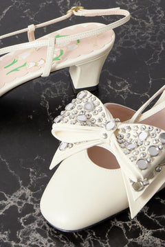 Valentino Garavani Bowow Embellished Leather Slingback Pumps Ivory Women's