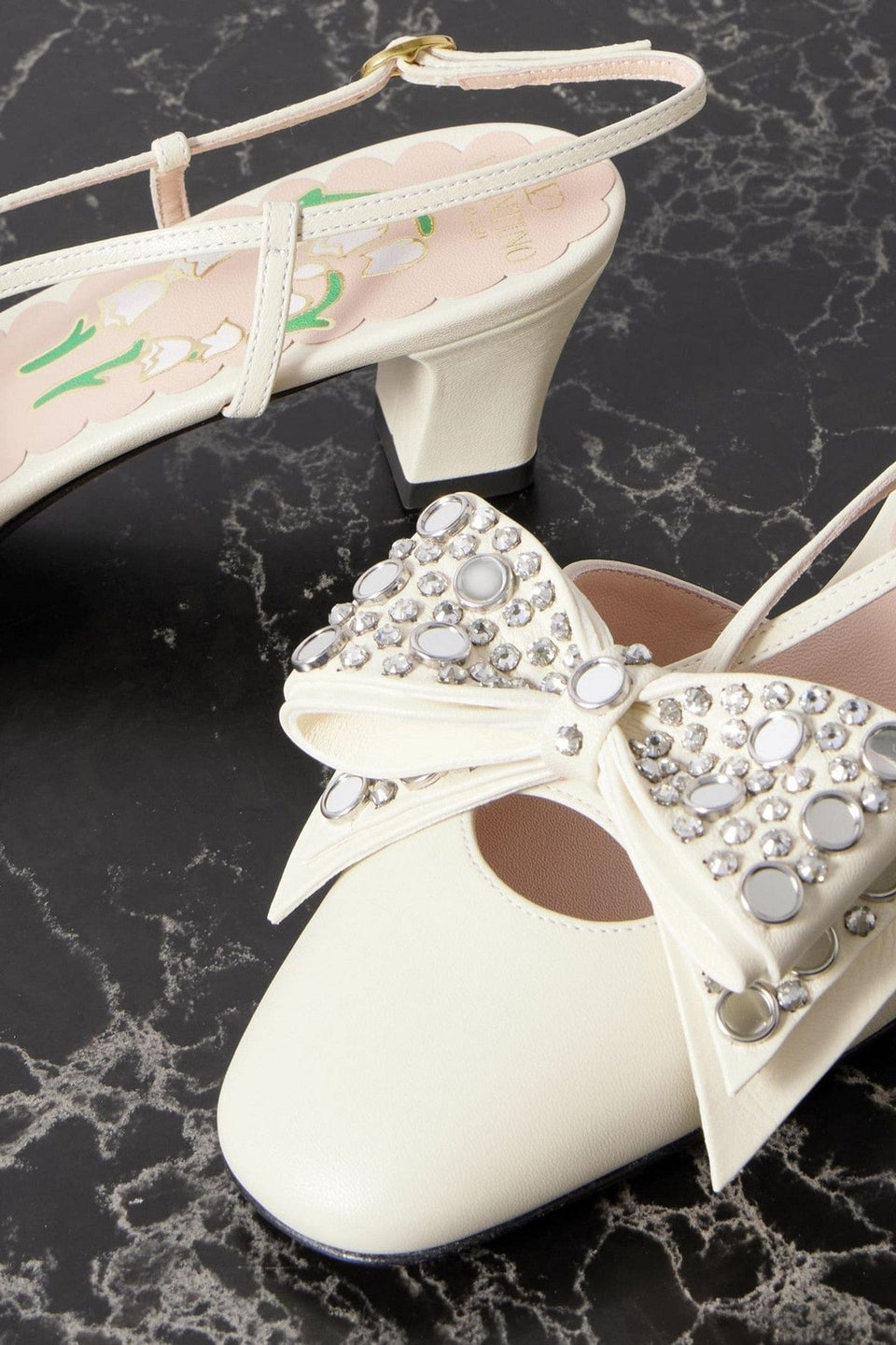 Valentino Garavani Bowow Embellished Leather Slingback Pumps Ivory Women's