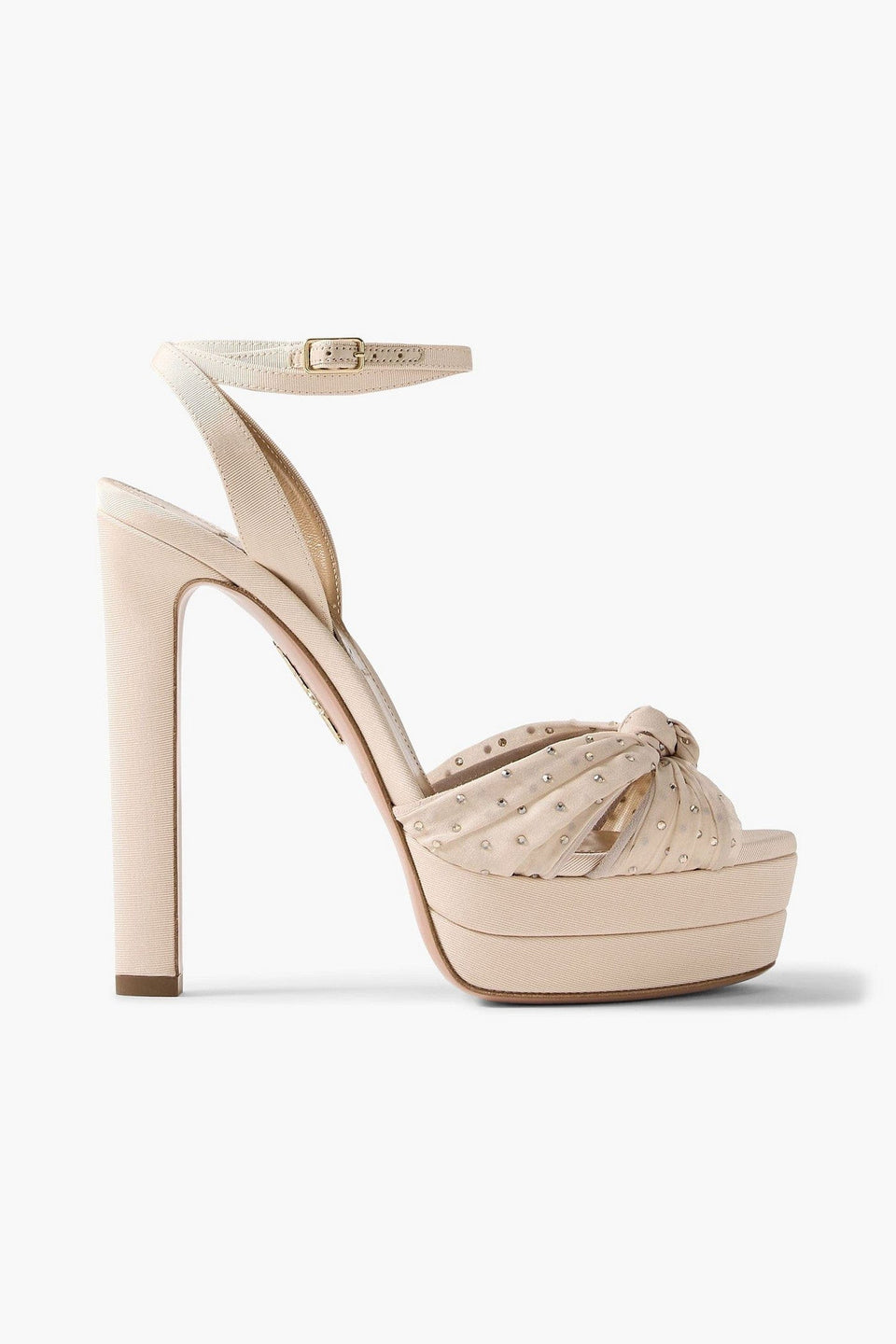 Aquazzura Slow Kisses 130 Crystal-Embellished Chiffon-Trimmed Grosgrain Platform Sandals Beige Women's