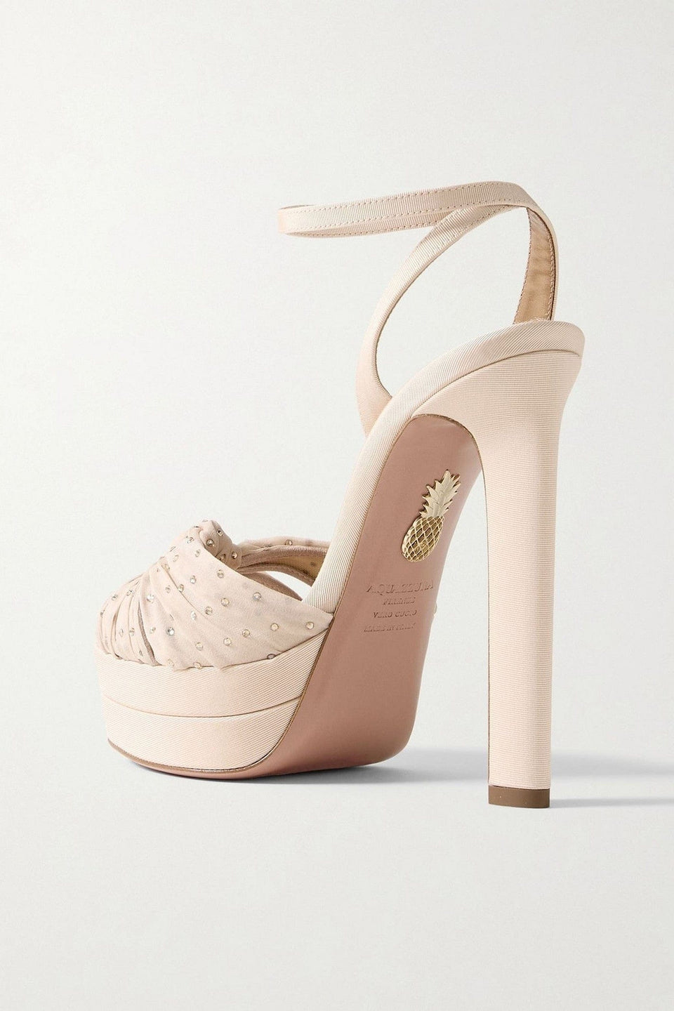 Aquazzura Slow Kisses 130 Crystal-Embellished Chiffon-Trimmed Grosgrain Platform Sandals Beige Women's