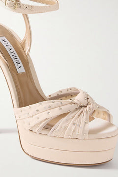 Aquazzura Slow Kisses 130 Crystal-Embellished Chiffon-Trimmed Grosgrain Platform Sandals Beige Women's