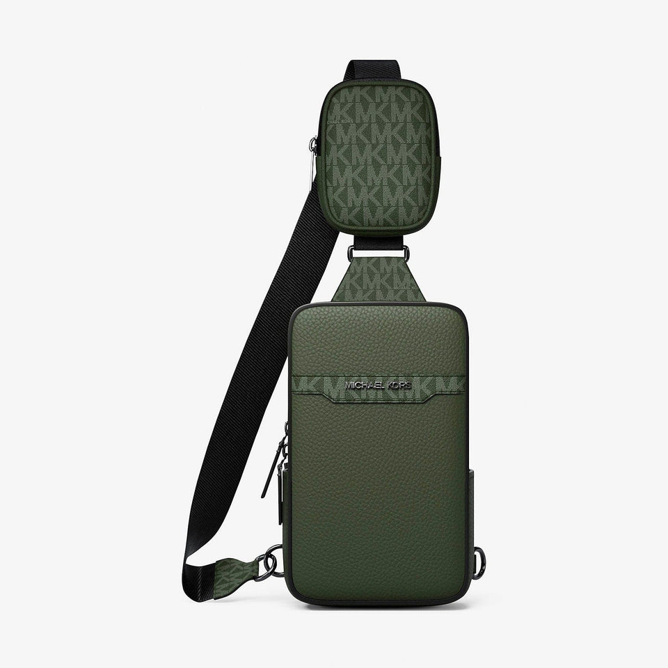 Michael Kors Cooper Pebbled Leather and Signature Logo Sling Pack with Pouch Moss