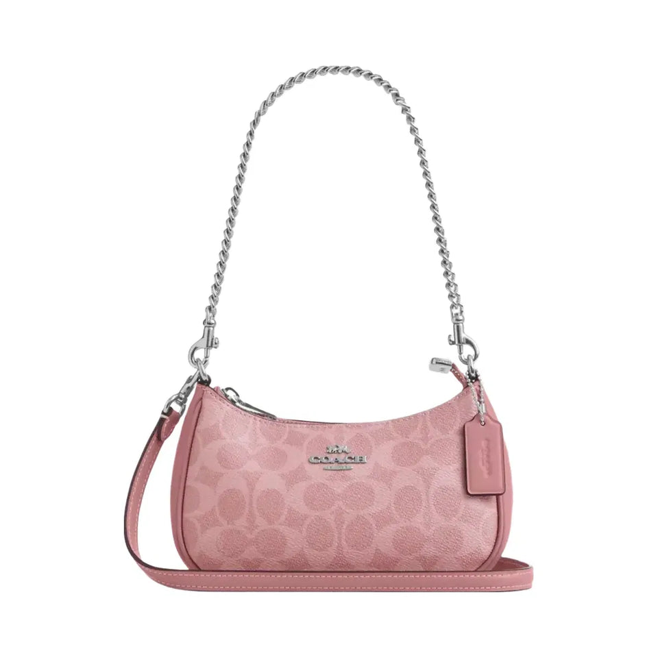 Coach Teri Mini Crossbody Bag In Signature Canvas in Silver Dusty Pink
