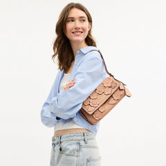 Coach Etta Small Flap Shoulder Bag With Floral Applique Gold Light Pink