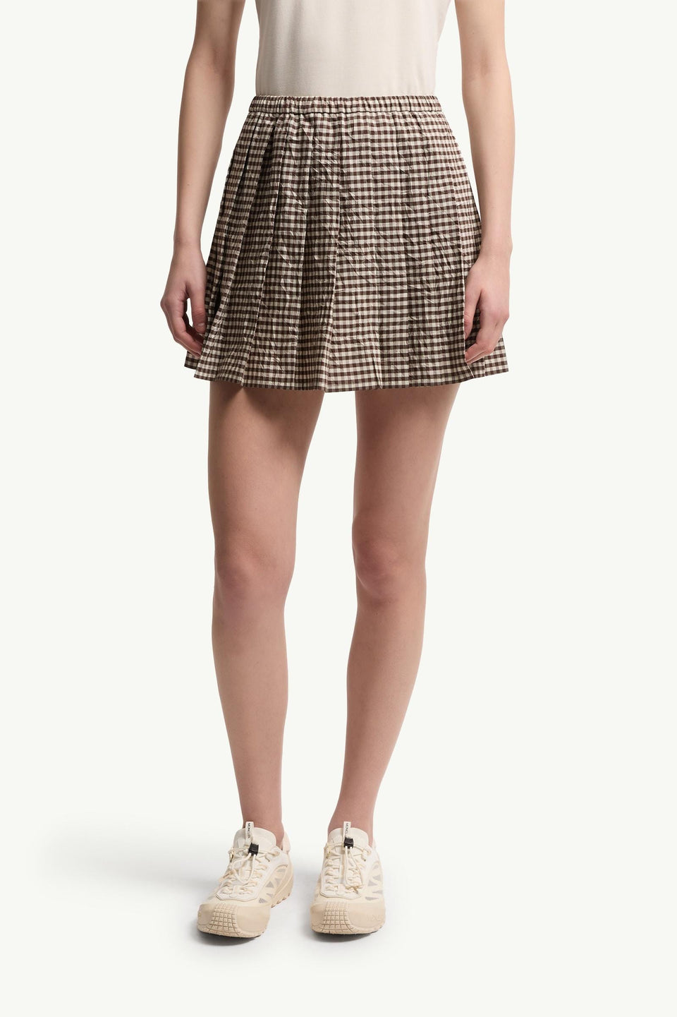 Moncler Vichy Cotton Blend Pleated Mini Skirt White & Brown White & Brown