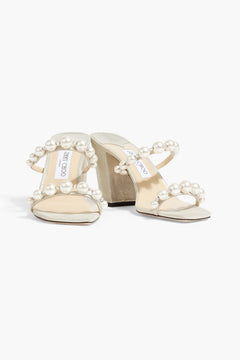 Jimmy Choo Amara 85 Faux Pearl-Embellished Metallic Suede Sandals Platinum Women's