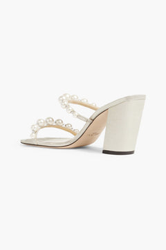 Jimmy Choo Amara 85 Faux Pearl-Embellished Metallic Suede Sandals Platinum Women's