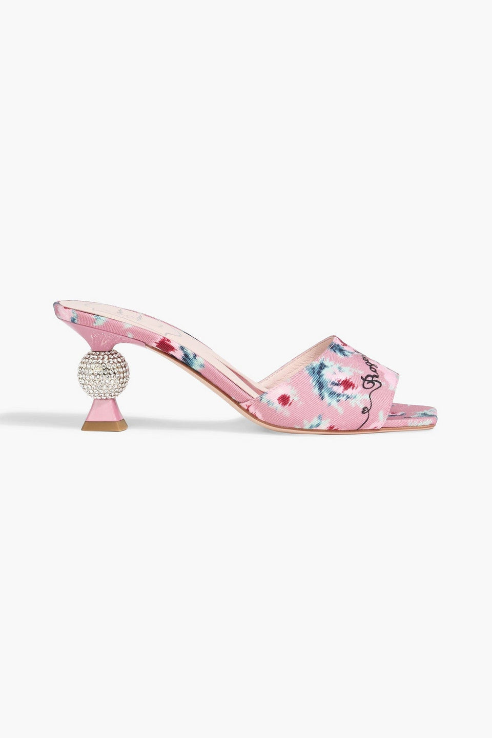 Roger Vivier Marlene Strass Floral-Print Faille Mules Pink Women's