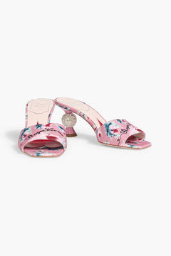 Roger Vivier Marlene Strass Floral-Print Faille Mules Pink Women's