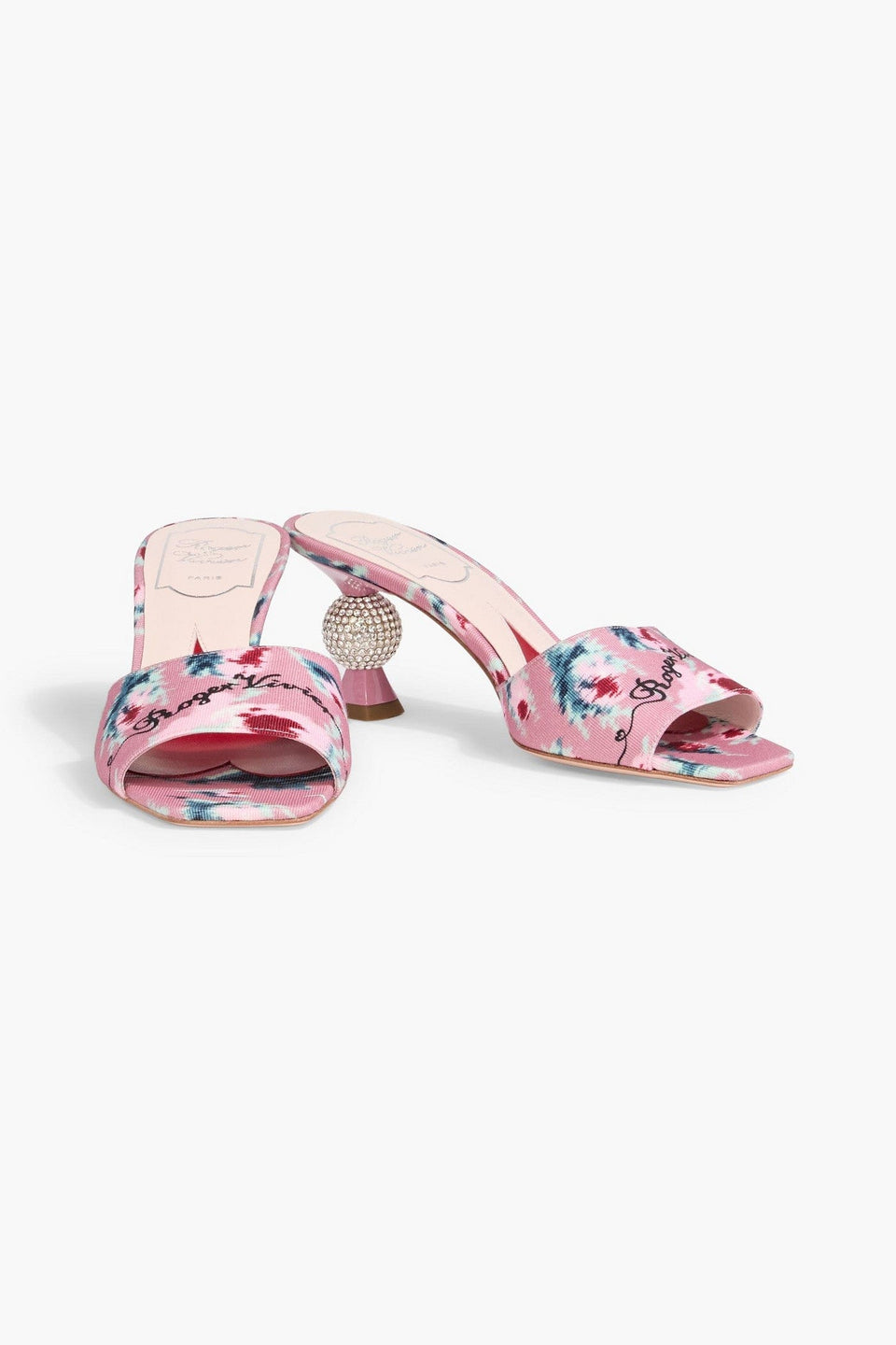 Roger Vivier Marlene Strass Floral-Print Faille Mules Pink Women's