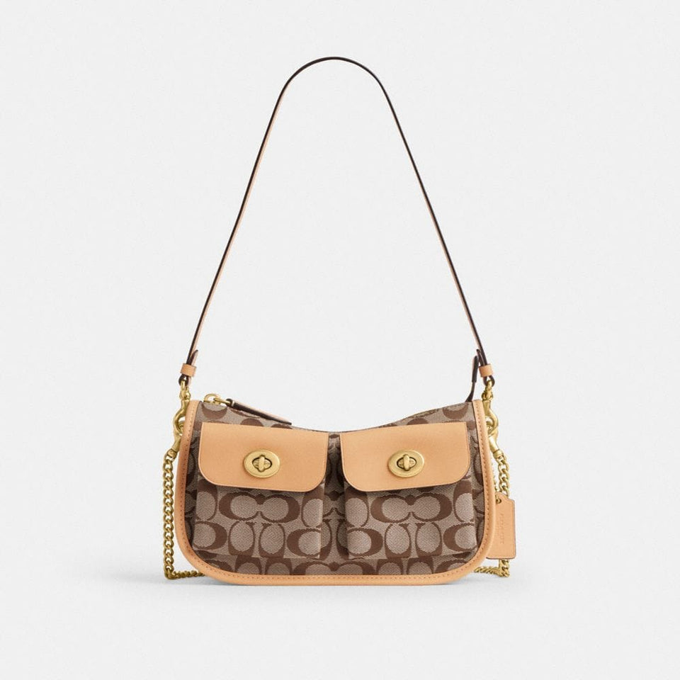 Coach Twin Turnlock Waverly Bag In Signature Jacquard Brass Khaki Light Peach