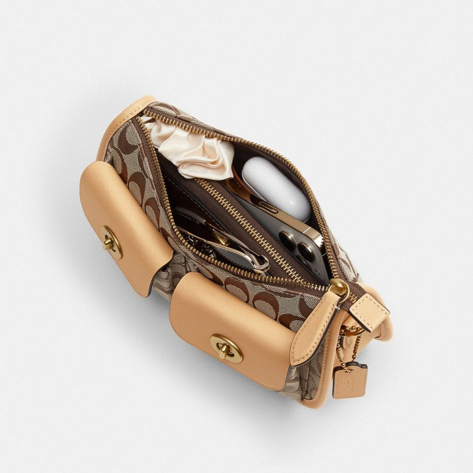Coach Twin Turnlock Waverly Bag In Signature Jacquard Brass Khaki Light Peach