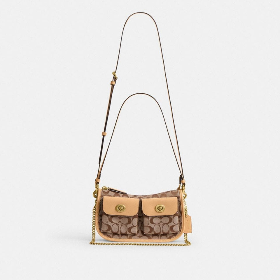Coach Twin Turnlock Waverly Bag In Signature Jacquard Brass Khaki Light Peach