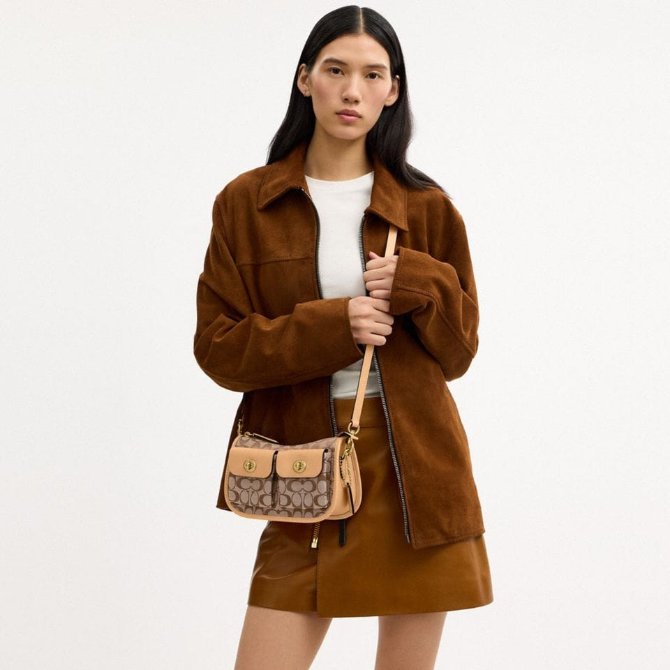 Coach Twin Turnlock Waverly Bag In Signature Jacquard Brass Khaki Light Peach