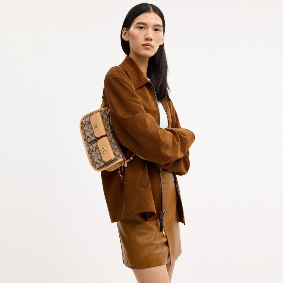 Coach Twin Turnlock Waverly Bag In Signature Jacquard Brass Khaki Light Peach