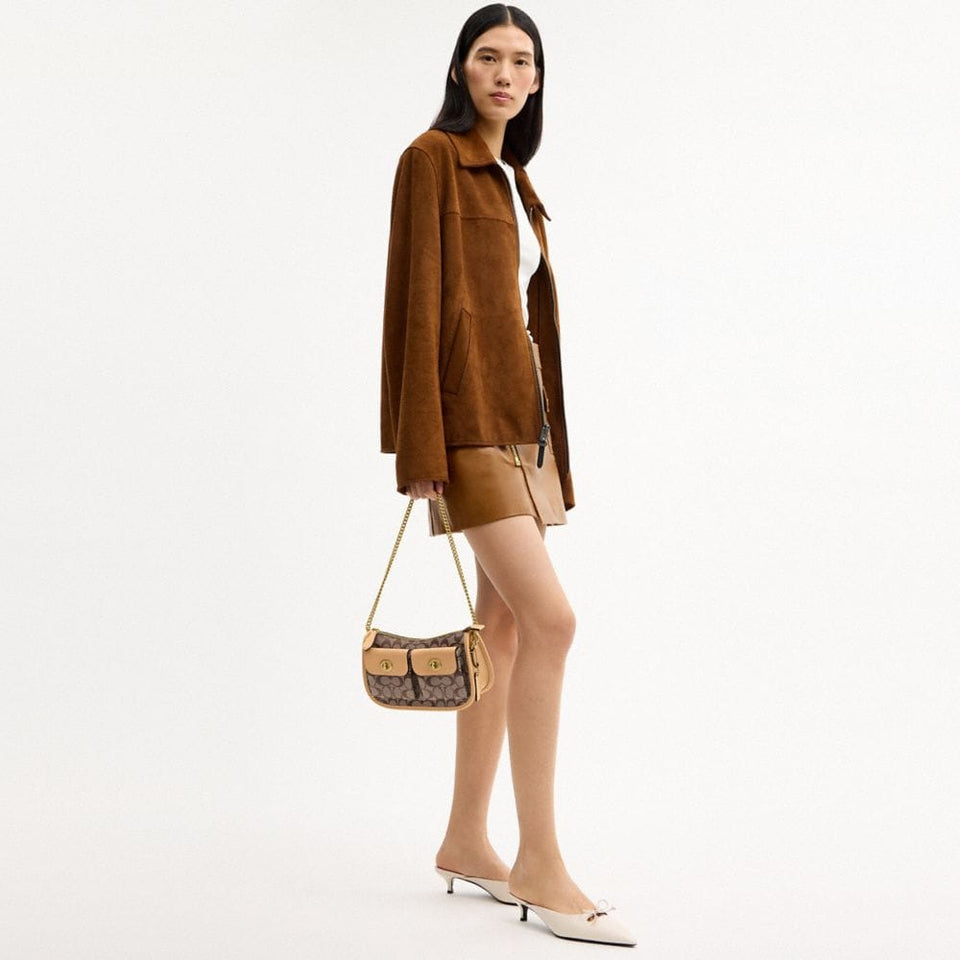 Coach Twin Turnlock Waverly Bag In Signature Jacquard Brass Khaki Light Peach