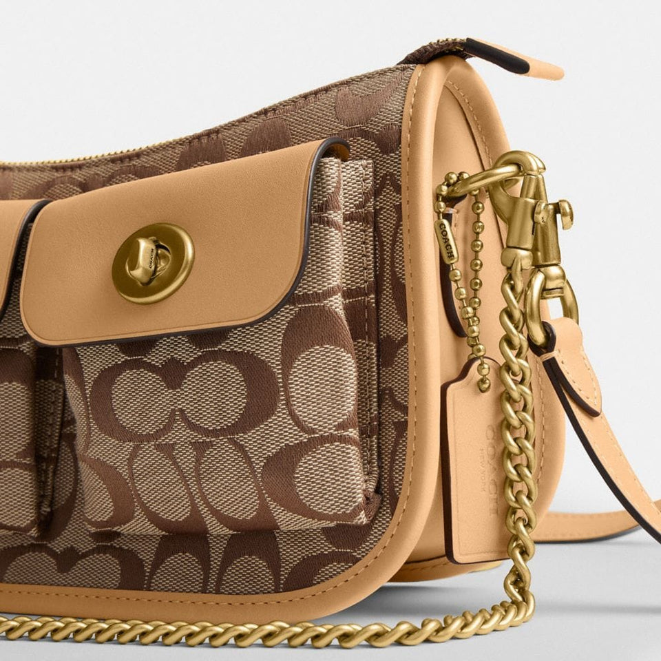 Coach Twin Turnlock Waverly Bag In Signature Jacquard Brass Khaki Light Peach