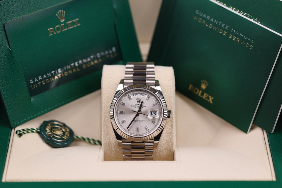Rolex | Day-Date | 228239 | White gold | 40 mm | White gold | Silver | Automatic