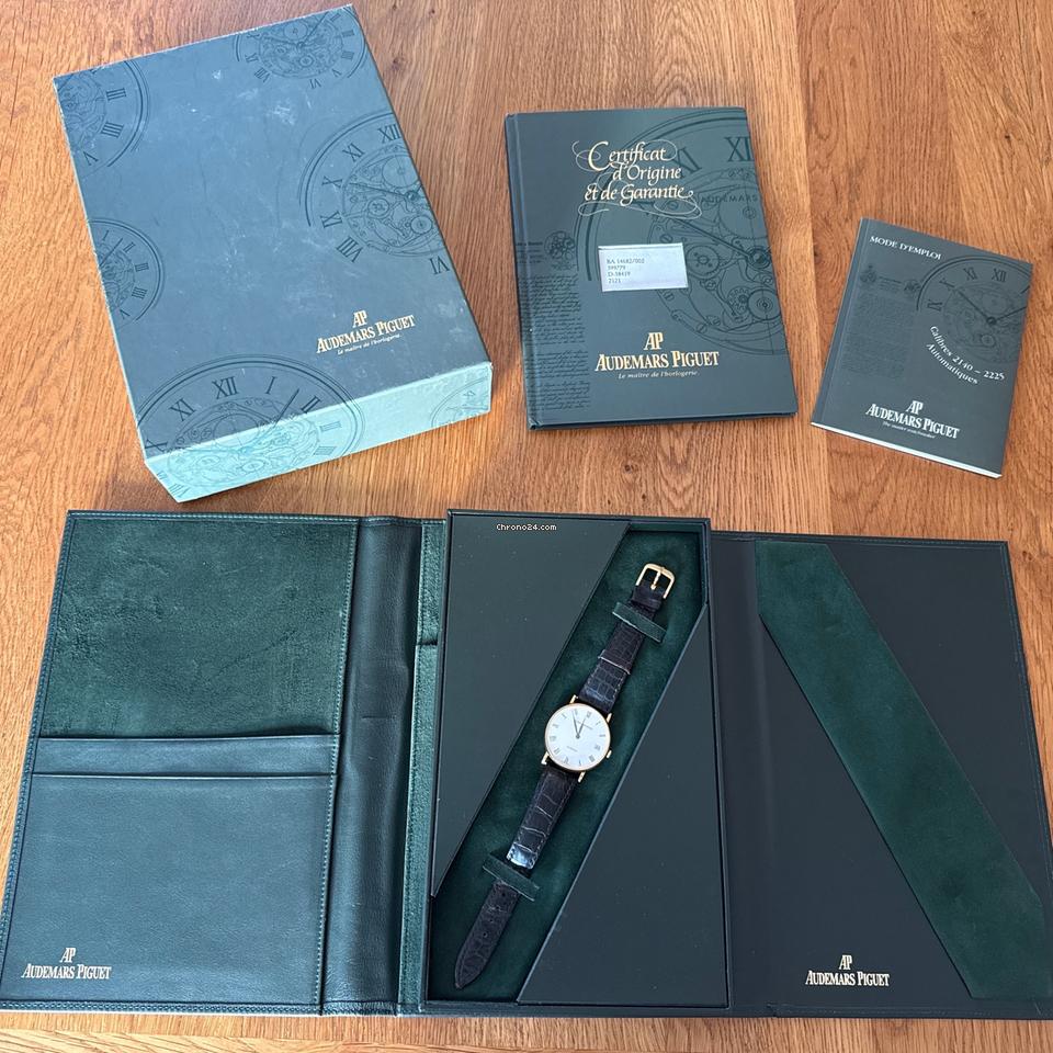 Audemars Piguet Gentlemans Automatic Wristwatch 18 CT Gold Case Black Strap