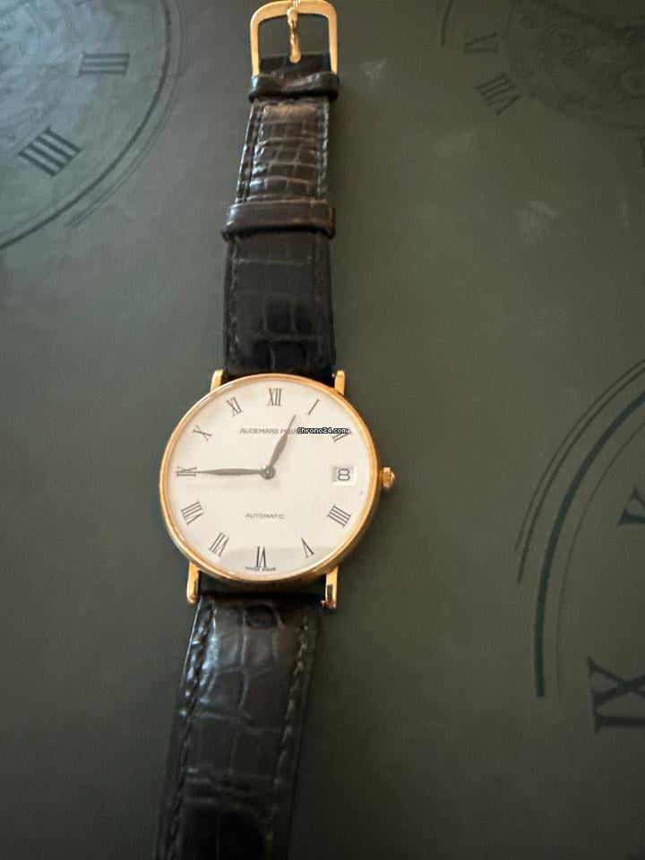 Audemars Piguet Gentlemans Automatic Wristwatch 18 CT Gold Case Black Strap