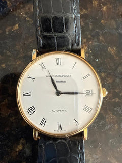 Audemars Piguet Gentlemans Automatic Wristwatch 18 CT Gold Case Black Strap