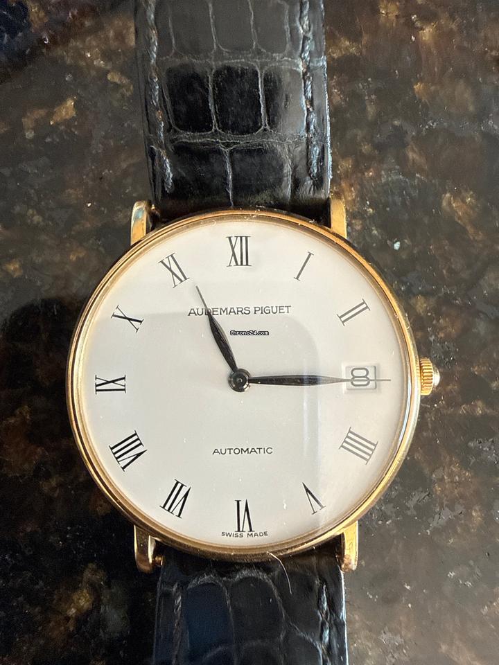 Audemars Piguet Gentlemans Automatic Wristwatch 18 CT Gold Case Black Strap