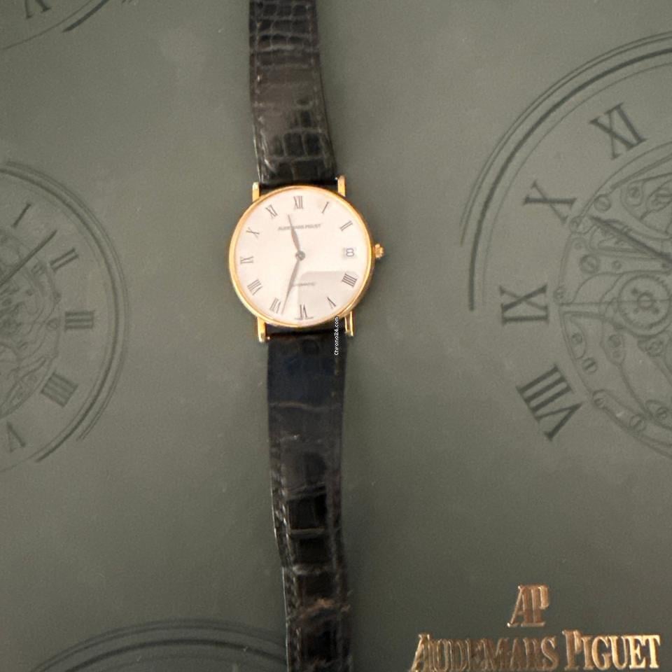 Audemars Piguet Gentlemans Automatic Wristwatch 18 CT Gold Case Black Strap