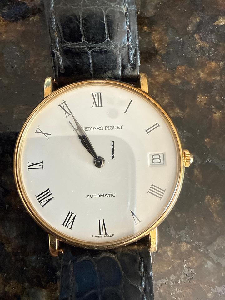 Audemars Piguet Gentlemans Automatic Wristwatch 18 CT Gold Case Black Strap