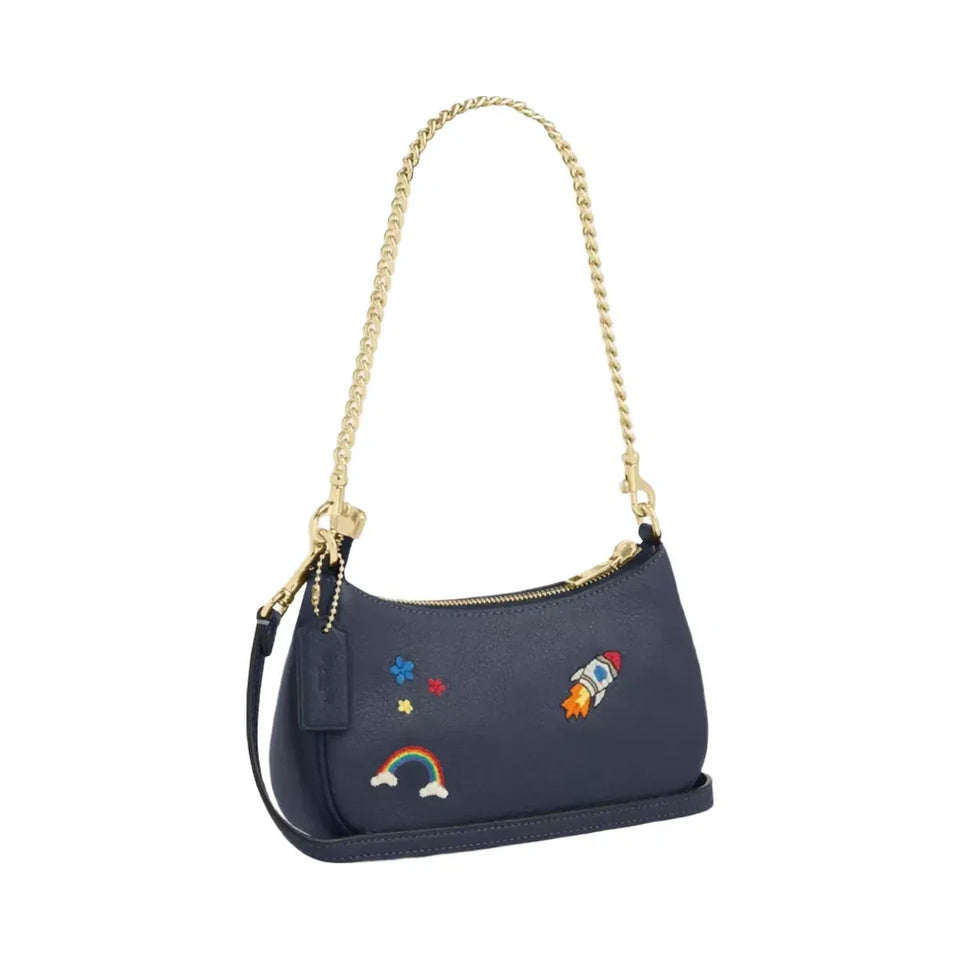 Coach Teri Mini Crossbody Bag With Embroidery in Gold Dark Denim
