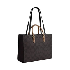 Coach Maggie Tote Bag In Blocked Signature Canvas in Gold Walnut Tan