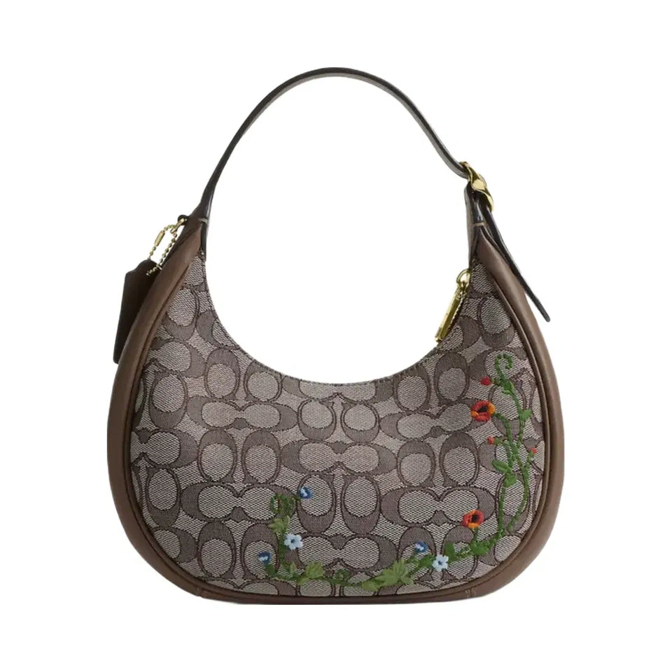 Coach Emily Shoulder Bag In Signature Jacquard With Floral Embroidery in Gold Oak Multi
