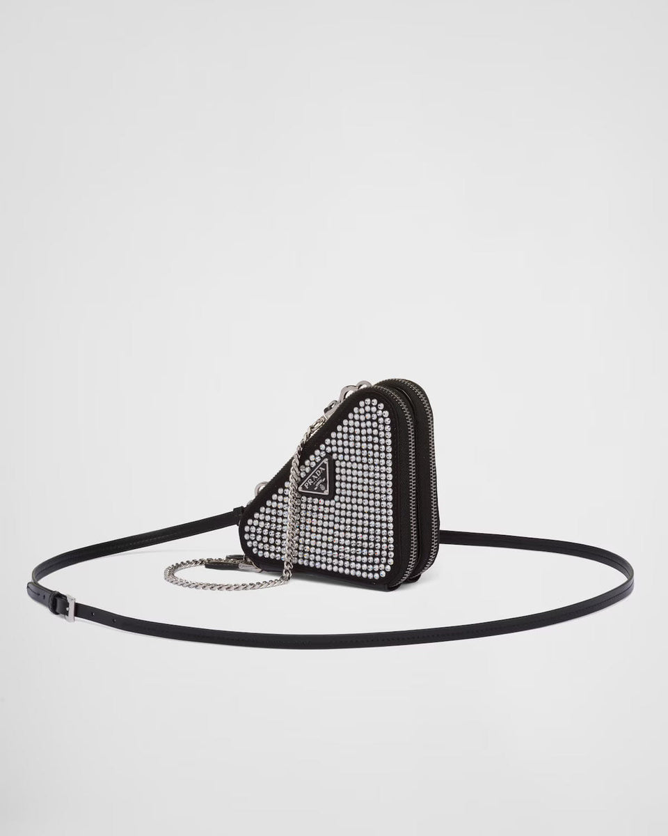 Triangular embellished satin and leather mini-pouch