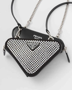 Triangular embellished satin and leather mini-pouch