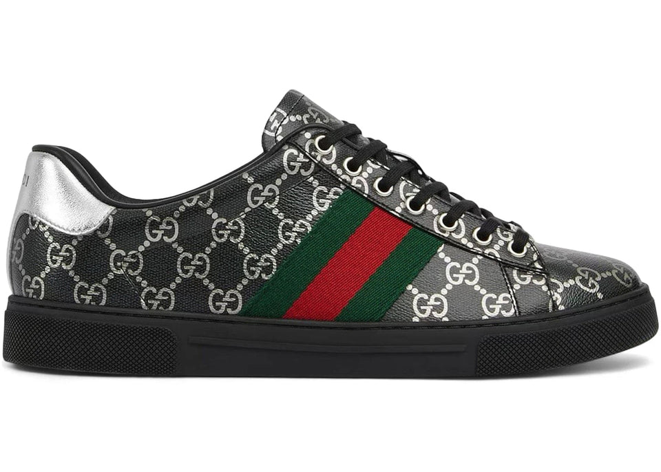 Gucci Ace Black Gg Monogram Silver Gg Motif