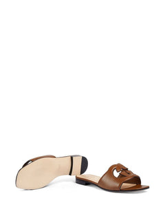 Brown Gg Cut-out Leather Flat Sandals