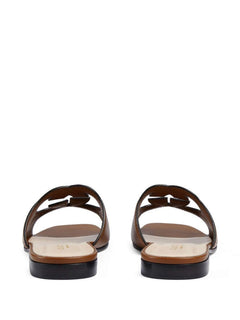 Brown Gg Cut-out Leather Flat Sandals