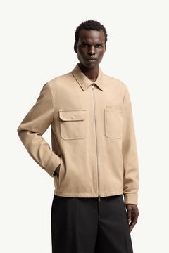 Moncler Leather Logo Cotton Shirt Jacket Beige Beige